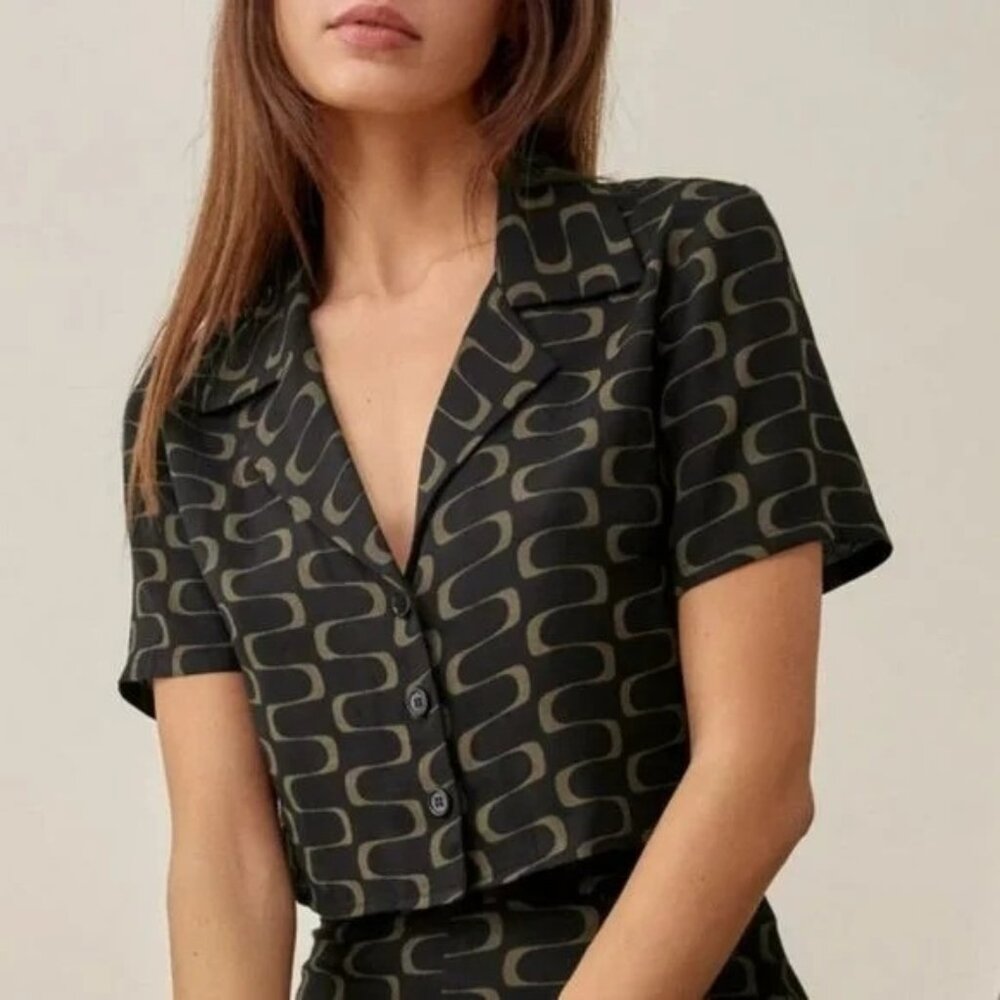 Reformation Crop Top US 4 Black Brown Linguini Print Collared Button Up